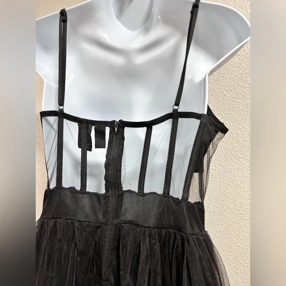 Windsor Black Tulle Cutout Waist Spaghetti Strap Leg Slit Formal Gown Large Prom - Picture 5 of 13